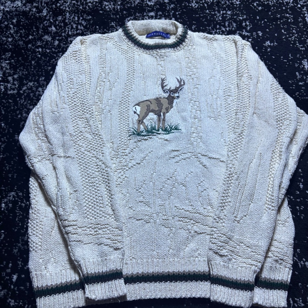 Vintage Pinnacle Mens Large Deer Buck Cable Knit Sweater Cream Made in USA Crew